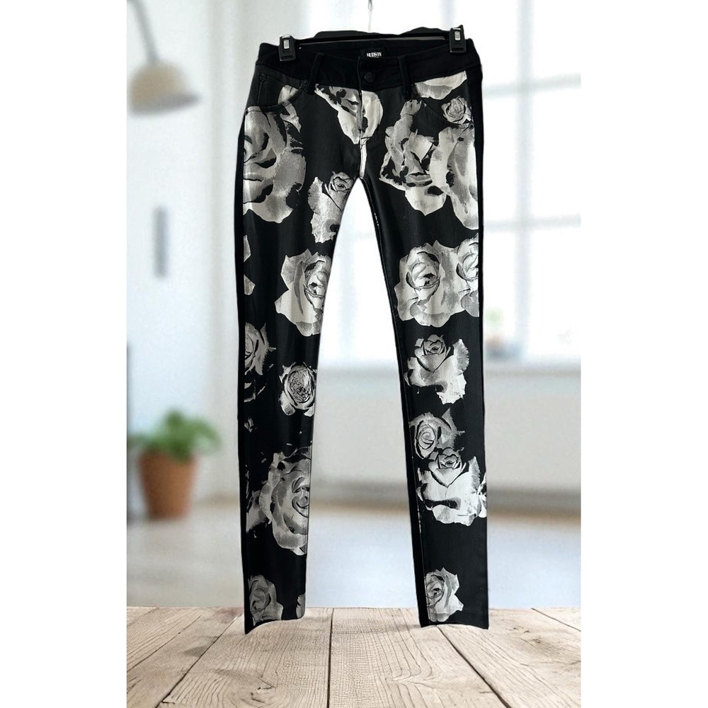 Hudson Collin Vice Versa Skinny 12" Leg Opening Black Floral Denim Jeans Size 26